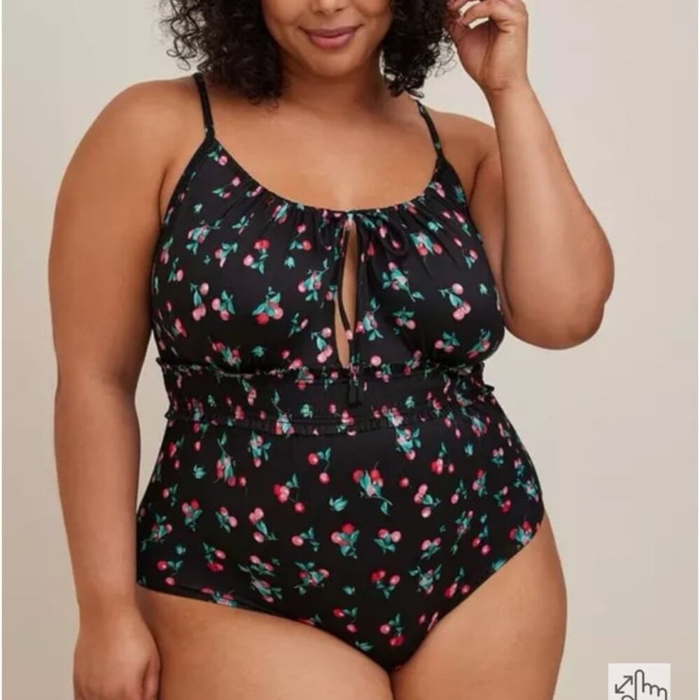 Torrid Smocked Keyhole Bodysuit Plus NWT Microfiber Cherries Black 2xl